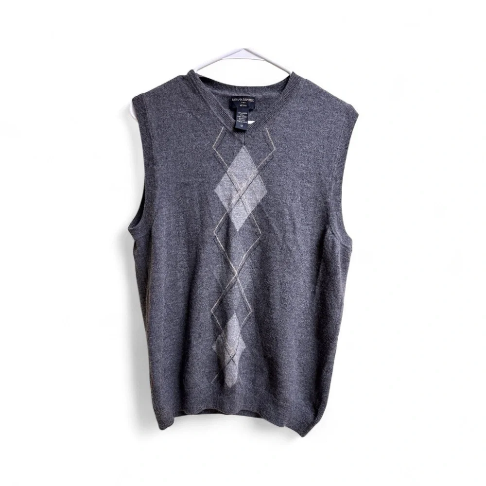 Banana Republic Merino Wool Argyle Sweater Vest Gray Medium